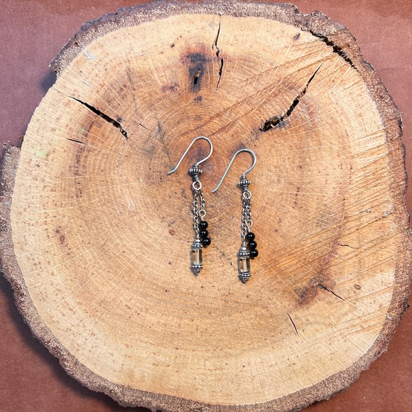 Onyx, lemon citrine, sterling and Bali silver earrings - Picture 1 of 3